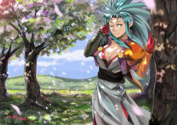 Rule 34 | 1girl, against tree, arm support, bad id, bad pixiv id, blue hair, breasts, cherry blossoms, cleavage, dress, earrings, gloves, hill, jacket, jewelry, long hair, meadow, naro0427, one eye closed, petals, pointy ears, ryouko (tenchi muyou!), sash, solo, spiked hair, tenchi muyou!, tree, wink, yellow eyes