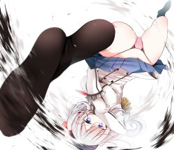 Rule 34 | 10s, beret, black hat, black socks, blue eyes, blush, breasts, bright pupils, buttons, commentary, double-breasted, epaulettes, feet, foot focus, foreshortening, frilled sleeves, frills, hair ribbon, hat, highres, kantai collection, kashima (kancolle), kneehighs, large breasts, legs apart, long hair, long sleeves, looking at viewer, medium breasts, military, military uniform, miniskirt, no shoes, oouso, panties, pantyshot, pink panties, pleated skirt, red ribbon, ribbon, simple background, skirt, socks, soles, solo, spinning bird kick, street fighter, tareme, thighs, underwear, uniform, upside-down, upskirt, white background, white hair