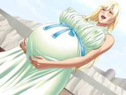 Rule 34 | 1girl, amano ameno, bare shoulders, black package, blonde hair, blush, breasts, cloud, dress, dutch angle, game cg, huge breasts, large breasts, long hair, naughty face, outdoors, pregnant, seikoujo claudia, sky, sleeveless, sleeveless dress, solo