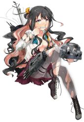 Rule 34 | 10s, 1girl, black hair, breasts, cleavage, collarbone, female focus, full body, grey pantyhose, gun, hair ribbon, holding, holding gun, holding weapon, kantai collection, long hair, multicolored hair, naganami (kancolle), official art, open clothes, open mouth, open shirt, orange ribbon, panties, panties under pantyhose, pantyhose, ribbon, shirt, solo, torn clothes, torn pantyhose, torn shirt, transparent background, two-tone hair, underwear, weapon, white panties, yellow eyes
