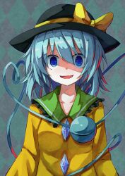 Rule 34 | 1girl, aqua background, aqua hair, argyle, argyle background, argyle clothes, asameshi, black hat, blouse, blue eyes, bow, buttons, collarbone, diamond button, empty eyes, eyeball, frilled shirt collar, frills, hair between eyes, hat, hat bow, hat ribbon, heart, heart of string, komeiji koishi, long sleeves, looking at viewer, messy hair, open mouth, ribbon, shaded face, shirt, smile, solo, straight-on, third eye, touhou, upper body, yellow bow, yellow ribbon, yellow shirt