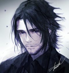 Rule 34 | 10s, 1boy, bad id, bad twitter id, beard, black hair, danhu, facial hair, final fantasy, final fantasy xv, limited palette, looking at viewer, male focus, manly, noctis lucis caelum, aged up, smile, solo