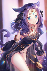 Rule 34 | 1girl, animal ears, arms at sides, bare shoulders, black dress, black panties, blue eyes, blue gemstone, blurry, blurry background, blush, breasts, cat ears, cat tail, circlet, closed mouth, cowboy shot, dated, detached sleeves, dress, facial mark, final fantasy, final fantasy xiv, gem, glint, gold trim, hair ornament, hair ribbon, highres, jewelry, lalazyt, leaning forward, light particles, long hair, looking at viewer, magical girl, medium breasts, miqo&#039;te, multiple necklaces, navel, necklace, panties, parted bangs, purple hair, red gemstone, ribbon, sidelocks, signature, smile, solo, stomach, strapless, strapless dress, tail, thighs, underwear, walking, wavy hair