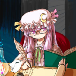 Rule 34 | 1girl, bespectacled, book, female focus, glasses, hat, lowres, patchouli knowledge, purple eyes, purple hair, solo, touhou, writing