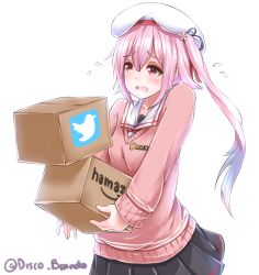 Rule 34 | 10s, 1girl, amazon (company), beret, blue hair, box, brand name imitation, cardboard box, carrying, disco brando, flying sweatdrops, gradient hair, harusame (kancolle), hat, highres, kantai collection, long hair, multicolored hair, open mouth, pink eyes, pink hair, pleated skirt, school uniform, serafuku, side ponytail, skirt, solo, sweater, twitter, twitter username