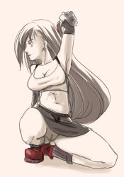 Rule 34 | 1990s (style), 1girl, armpits, black hair, boots, breasts, censored, cleavage, elbow gloves, female focus, final fantasy, final fantasy vii, full body, gloves, long hair, miniskirt, monochrome, nao (moji), navel, pussy, skirt, solo, spot color, squatting, suspenders, tank top, tifa lockhart, upskirt