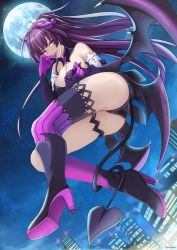 Rule 34 | 1girl, ass, asymmetrical legwear, boots, breasts, city, city lights, cityscape, cleavage, demon girl, demon horns, demon tail, demon wings, dress, elbow gloves, floating, full body, full moon, gloves, hair between eyes, hand on own face, highres, honkai (series), honkai impact 3rd, horns, licking, long hair, mizonaki, moon, night, night sky, outdoors, ponytail, purple dress, purple eyes, purple footwear, purple gloves, purple hair, purple legwear, raiden mei, raiden mei (lightning empress), shoe soles, sky, solo, tail, tail wrap, tongue, tongue out, uneven legwear, wings