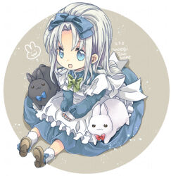 Rule 34 | 1girl, :3, :d, animal, apron, blue bow, blue dress, blue eyes, bow, bowtie, brown footwear, chibi, dress, frilled apron, frills, full body, green bow, grey hair, hair bow, long hair, long sleeves, looking at viewer, open mouth, original, parted bangs, rabbit, red bow, shinonome (poka), shoes, sitting, sleeves past wrists, smile, socks, solo, white apron, white socks