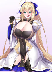 Rule 34 | 1girl, ahoge, artoria caster (fate), artoria caster (third ascension) (fate), artoria pendragon (fate), black gloves, black thighhighs, blonde hair, blue bow, blush, bow, bracelet, breasts, cleavage, dress, elbow gloves, fate/grand order, fate (series), gloves, green eyes, hair bow, highres, jewelry, juliet sleeves, kneeling, large breasts, long hair, long sleeves, open mouth, pelvic curtain, puffy sleeves, solo, thighhighs, thighs, very long hair, watosu, white dress