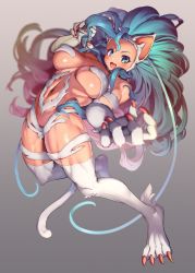 Rule 34 | 1girl, :d, animal ears, animal hands, aqua eyes, aqua hair, arched back, bare shoulders, big hair, blush, breasts, cat ears, cat girl, cat tail, claws, fang, felicia (vampire), forehead, foreshortening, full body, grey background, highres, large breasts, long hair, navel, open mouth, revealing clothes, simple background, smile, solo, stomach, tail, toned, underboob, vampire (game), very long hair, yana (nekoarashi)