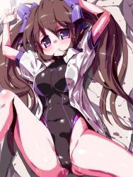 Rule 34 | 1girl, breasts, brown hair, competition swimsuit, female focus, hat, himekaidou hatate, long hair, lying, miuku (marine sapphire), one-piece swimsuit, purple eyes, shirt, short sleeves, solo, swimsuit, swimsuit under clothes, tokin hat, touhou, twintails, wet, wet clothes, wet shirt