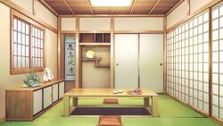 Rule 34 | cabinet, calligraphy, ceiling light, cup, cushion, film grain, folding fan, game cg, hand fan, indoors, izumi tsubasu, no humans, non-web source, official art, plate, re:stage!, scenery, shouji, sliding doors, table, tatami, wooden ceiling, wooden table, zabuton