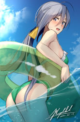 Rule 34 | 1girl, absurdres, ahoge, ass, bikini, blue eyes, blush, breasts, cloud, dated, day, green bikini, grey hair, hair between eyes, hair ribbon, highres, innertube, kantai collection, kiyoshimo (kancolle), long hair, low twintails, one-hour drawing challenge, outdoors, pallad, partially submerged, ribbon, signature, sky, small breasts, solo, swim ring, swimsuit, twintails, very long hair, water, yellow ribbon