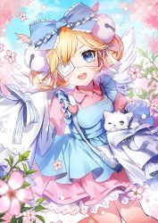Rule 34 | 1girl, :d, animal, apple caramel, apron, bag, bell, blonde hair, blue apron, blue bow, blue eyes, blue sky, blurry, blurry foreground, blush, borrowed character, bow, breasts, cat, cloud, commission, day, depth of field, double bun, dress, flower, frilled bow, frills, hair bell, hair bow, hair bun, hair ornament, handbag, head tilt, heart, jingle bell, layered sleeves, lolita fashion, long sleeves, open mouth, original, outdoors, pink dress, pink flower, puffy short sleeves, puffy sleeves, round teeth, short over long sleeves, short sleeves, shoulder bag, side bun, sky, sleeves past fingers, sleeves past wrists, small breasts, smile, solo, teeth, upper teeth only, white cat, wide sleeves