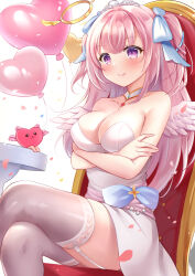 Rule 34 | 1girl, angel wings, balloon, bare shoulders, blue ribbon, blush, breasts, chair, choker, cleavage, collarbone, commentary request, commission, crossed arms, crossed legs, dress, garter straps, grey thighhighs, hair ribbon, halo, heart balloon, howakyun!, long hair, mashiro mayu, medium breasts, nikoo, on chair, pink hair, pixiv commission, purple eyes, ribbon, simple background, sitting, smile, thighhighs, tiara, virtual youtuber, white background, white choker, white dress, wings, yellow halo