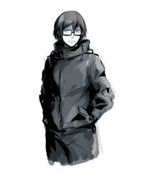 Rule 34 | 1boy, black suit, cowboy shot, cropped legs, formal, glasses, grey eyes, grey hair, hands in pockets, jacket, k-suwabe, looking at viewer, male focus, monochrome, original, short hair, sketch, solo, suit, translation request, upper body, white background