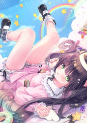 Rule 34 | 1girl, angel, angel wings, black footwear, black hair, blush, breasts, candy, cloud, doughnut, dress, food, frilled dress, frills, full body, green eyes, hair ornament, halo, highres, holding, holding candy, holding food, legs up, lollipop, long hair, looking at viewer, original, pink dress, rainbow, rubi-sama, shorts, small breasts, socks, solo, star (symbol), white socks, wings