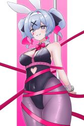 Rule 34 | 1girl, absurdres, animal ear hairband, animal ears, blue eyes, blue hair, blush, bound, bow, bowtie, chest harness, clothing cutout, colored inner hair, covered navel, cuffs, detached collar, fake animal ears, from below, grin, hairband, handcuffs, harness, hatsune miku, heart, heart-shaped pupils, heart cutout, highres, leotard, looking at viewer, multicolored hair, novabunvt, pantyhose, pink hair, playboy bunny, pole, pure pure (rabbit hole), rabbit ear hairband, rabbit ears, rabbit hole (vocaloid), ribbon, ribbon bondage, smile, solo, stripper pole, symbol-shaped pupils, twintails