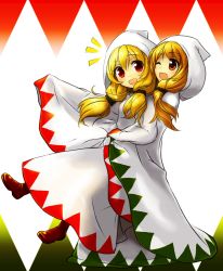Rule 34 | 2girls, :d, ;d, akikan (watashi no sekai), blonde hair, boots, brown eyes, final fantasy, final fantasy tactics, hands in opposite sleeves, highres, hood, long hair, multiple girls, one eye closed, open mouth, red eyes, robe, smile, square enix, white mage, white mage (fft), white mage (final fantasy), wink