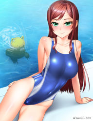 Rule 34 | 10s, 1girl, arm support, bad id, bad pixiv id, bare shoulders, beargguy iii, blush, breasts, brown hair, cameltoe, competition swimsuit, covered navel, green eyes, gundam, gundam build fighters, gundam build fighters try, highleg, highleg swimsuit, kamiki mirai, kanzaki muyu, large breasts, long hair, lying, md5 mismatch, on side, one-piece swimsuit, pool, poolside, red hair, shiny clothes, sitting, smile, solo, swimsuit, twitter username, water
