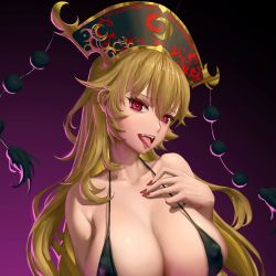 Rule 34 | 1girl, artist request, bare shoulders, bikini, black background, black bikini, black hat, blonde hair, breasts, cleavage, collarbone, fingernails, gradient background, halterneck, hand on own chest, hat, heart, heart-shaped pupils, highres, junko (touhou), large breasts, long hair, mature female, nail polish, purple background, red eyes, red nails, smile, solo, source request, string bikini, swimsuit, symbol-shaped pupils, tassel, tongue, touhou, upper body