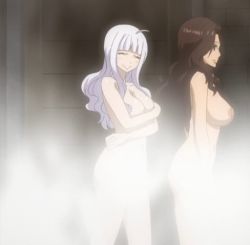 Rule 34 | 2girls, breasts, brown hair, cana alberona, closed eyes, covering privates, covering breasts, fairy tail, large breasts, long hair, lowres, mirajane strauss, multiple girls, navel, nipples, nude, nude filter, screencap, smile, steam, third-party edit, white hair