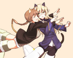 Rule 34 | 2girls, animal ears, bad id, bad pixiv id, blonde hair, braid, brown hair, cat ears, cat tail, closed eyes, dakian, glasses, glomp, hug, lynette bishop, military, military uniform, multiple girls, open mouth, panties, panties under pantyhose, pantyhose, perrine h. clostermann, strike witches, striker unit, tail, underwear, uniform, world witches series, yellow eyes
