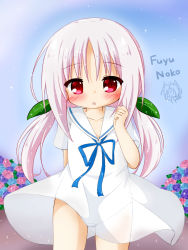 Rule 34 | 1girl, :o, blonde dog girl (ri-net), blue flower, blue ribbon, blush, character name, collarbone, commentary request, dress, flower, fuyuno usako, grey hair, hair ornament, hand up, highres, leaf hair ornament, long hair, low twintails, neck ribbon, original, panties, parted bangs, parted lips, pink flower, purple flower, red eyes, ri-net, ribbon, sailor collar, sailor dress, see-through, short sleeves, sidelocks, solo, sparkle, twintails, underwear, very long hair, white dress, white panties, white sailor collar