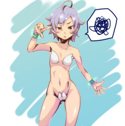 Rule 34 | 1girl, ahoge, blue hair, blush stickers, bracelet, flat chest, jewelry, maebari, navel, original, painpa, short hair, skinny, solo, squiggle, squinting, uneven eyes