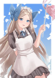 Rule 34 | 1girl, alternate costume, apron, arm behind back, asakaze (kancolle), black dress, blue bow, blue eyes, blush, bow, commentary request, dress, duster, enmaided, hair bow, highres, holding, kantai collection, light brown hair, long hair, looking at viewer, maid, maid headdress, neck ribbon, parted lips, petals, ribbon, sakieko, simple background, solo, very long hair, wavy hair, white apron