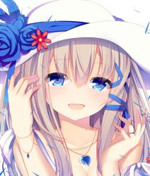 Rule 34 | 1girl, :d, blonde hair, blue eyes, blue feathers, blue flower, blue ribbon, braid, breasts, cleavage, feathers, flower, gem, hand in own hair, hat, highres, jewelry, jyt, lexington (warship girls r), necklace, open mouth, petals, portrait, ribbon, ring, smile, solo, teeth, warship girls r, white hat