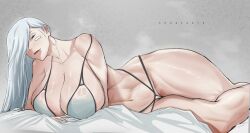 Rule 34 | abs, absurdres, bandaid, bandaid on face, bikini, breasts, commentary, english commentary, erogearts, hair over face, hair over one eye, highres, huge breasts, jujutsu kaisen, looking at viewer, lying, mei mei (jujutsu kaisen), on bed, on side, one eye covered, red lips, shiny skin, swimsuit, thighs, watermark, white background, white bikini
