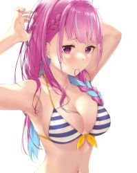 Rule 34 | 1girl, ahoge, armpits, arms up, bikini, blue hair, blunt bangs, braid, breasts, colored inner hair, commentary, embarrassed, french braid, front-tie bikini top, front-tie top, hair tie in mouth, halterneck, highres, hololive, long hair, looking at viewer, medium breasts, minato aqua, minato aqua (hololive summer 2019), mouth hold, multicolored hair, navel, purple eyes, purple hair, sidelocks, solo, streaked hair, string bikini, striped bikini, striped clothes, swimsuit, two-tone hair, tying hair, upper body, virtual youtuber, yume1432