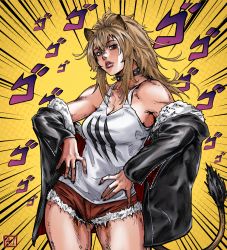 Rule 34 | 1girl, ai shou, animal ears, araki hirohiko (style), arknights, bare shoulders, black choker, black jacket, black nails, breasts, brown eyes, brown hair, choker, cleavage, commentary, cowboy shot, cutoffs, emphasis lines, head tilt, highres, jacket, jojo no kimyou na bouken, lion ears, lion tail, long hair, long sleeves, looking at viewer, medium breasts, nail polish, off shoulder, open clothes, open jacket, parted lips, red shorts, short shorts, shorts, siege (arknights), solo, standing, tail, tank top, thighs, white tank top, yellow background