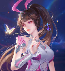 Rule 34 | 1girl, animal ears, aurora, ba bo er benbo er, brown hair, bug, butterfly, closed mouth, collar, douluo dalu, dress, expressionless, glowing butterfly, hair ornament, highres, insect, looking to the side, metal collar, night, pink dress, pink eyes, ponytail, rabbit ears, solo, upper body, xiao wu (douluo dalu)