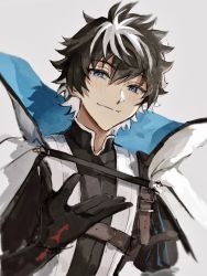 Rule 34 | 1boy, absurdres, black gloves, black hair, blue cloak, blue eyes, blush, charlemagne (fate), cloak, closed mouth, commentary request, fate/extella, fate/extella link, fate/extra, fate/grand order, fate (series), gloves, grey background, high collar, highres, long sleeves, looking at viewer, male focus, mayonakaniwa, multicolored hair, short hair, simple background, smile, solo, two-tone hair, upper body, white cloak, white hair