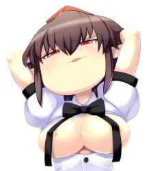 Rule 34 | 1girl, arms behind head, black hair, bow, breasts, breasts out, female focus, hat, hospital king, kimeemaru, looking at viewer, open clothes, open mouth, open shirt, red eyes, shameimaru aya, shirt, short hair, simple background, smile, solo, tokin hat, touhou, white background, yukkuri shiteitte ne