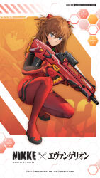 Rule 34 | 1girl, artist collaboration, ass, assault rifle, blue eyes, bodysuit, breasts, brown hair, bullpup, copyright name, curvy, full body, goddess of victory: nikke, grin, gun, highres, holding, holding weapon, interface headset, long hair, looking afar, neon genesis evangelion, official art, pilot suit, plugsuit, red bodysuit, rifle, serious, shiny clothes, simple background, smile, solo, souryuu asuka langley, squatting, two-tone background, weapon, wide hips, window magazine, zoom layer