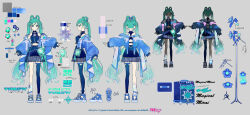 1girl aqua_hair aqua_nails artist_name belt blue_belt blue_eyes blue_jacket blue_shoes blue_skirt blue_thighhighs braid braided_hair_rings charm_(object) closed_mouth color_guide commentary copyright_notice crop_top earrings full_body grey_background hair_rings hatsune_miku highres jacket jewelry logo long_hair long_sleeves magical_mirai_(vocaloid) magical_mirai_miku magical_mirai_miku_(2025) microphone_stand multiple_views nail_polish official_art open_clothes open_jacket puffy_long_sleeves puffy_sleeves reference_sheet second-party_source shirt shoes single_earring single_thighhigh skirt sleeveless sleeveless_shirt standing star_(symbol) tassel thighhighs tiv translation_request twintails very_long_hair vocaloid