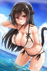 Rule 34 | 1girl, 3:, ahoge, animal ears, black hair, blue sky, breasts, cat ears, cat girl, cat tail, cleavage, closed mouth, cloud, cloudy sky, day, dutch angle, hair between eyes, highres, large breasts, long hair, looking at viewer, original, outdoors, red eyes, sidelocks, sky, solo, tail, tsurime, unname, very long hair, wading