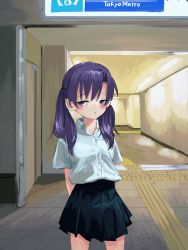 Rule 34 | 1girl, absurdres, alternate hairstyle, bad id, bad twitter id, black skirt, blush, collared shirt, gishiki (gshk), goshiki agiri, highres, kill me baby, looking at viewer, parted lips, pleated skirt, purple eyes, purple hair, shirt, short sleeves, skirt, solo, twintails, white shirt, wing cap