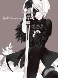 Rule 34 | 1girl, android, artist request, black dress, black hairband, black thighhighs, blindfold, boots, cleavage cutout, clothing cutout, dress, feather-trimmed sleeves, gloves, hairband, juliet sleeves, long sleeves, mole, mole under mouth, nier (series), nier:automata, panties, puffy sleeves, silver hair, solo, sword, thigh boots, thighhighs, underwear, weapon, white panties, 2b (nier:automata)