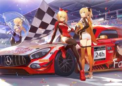 Rule 34 | 3girls, ahoge, ankle boots, artoria pendragon (all), artoria pendragon (fate), ask (askzy), ass, black legwear, blonde hair, blue eyes, blue ribbon, blue sky, blush, boots, braid, breasts, car, checkered flag, cleavage, cloud, confetti, day, decal, elbow gloves, fate/grand order, fate (series), flag, full body, gloves, goodsmile racing, hair ribbon, holding, holding flag, holding umbrella, jacket, jeanne d&#039;arc (fate), jeanne d&#039;arc (ruler) (fate), jeanne d&#039;arc (type-moon racing) (fate), large breasts, leotard, long hair, looking at viewer, motor vehicle, multiple girls, nero claudius (fate), nero claudius (fate) (all), nero claudius (fate/extra), official alternate costume, open mouth, orange legwear, outdoors, ponytail, purple eyes, race queen, red footwear, red ribbon, ribbon, saber (fate), saber (type-moon racing) (fate), short jumpsuit, single braid, sitting, sky, smile, thighhighs, tohsaka rin, umbrella, unworn jacket, vehicle focus, very long hair