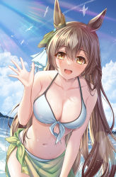 Rule 34 | 1girl, :d, absurdres, animal ears, bad id, bad pixiv id, bare arms, bare shoulders, bikini, blue sky, blush, braid, breasts, brown eyes, brown hair, cleavage, cloud, collarbone, commentary request, commission, contrail, cowboy shot, day, ear ornament, fran 690, half updo, hand up, highres, horse ears, large breasts, leaning forward, light rays, long hair, looking at viewer, navel, ocean, open mouth, outdoors, sarong, satono diamond (umamusume), see-through, skeb commission, sky, smile, solo, stomach, sunbeam, sunlight, swimsuit, thigh gap, umamusume, very long hair, water, waving, white bikini