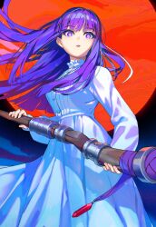 Rule 34 | 1girl, absurdres, breasts, cowboy shot, dress, fern (sousou no frieren), highres, holding, holding staff, huge moon, long hair, looking at viewer, marc brunet, medium breasts, moon, parted lips, purple eyes, purple hair, red moon, solo, sousou no frieren, staff, white dress
