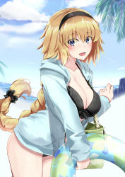 Rule 34 | 1girl, :d, bag, bikini, bikini under clothes, black bikini, black bow, black hairband, blonde hair, blue eyes, blue jacket, blush, bow, braid, breasts, cleavage, cloud, cloudy sky, collarbone, commentary request, cowboy shot, day, fate/grand order, fate (series), hair bow, hairband, highres, innertube, jacket, jeanne d&#039;arc (fate), jeanne d&#039;arc (ruler) (fate), jeanne d&#039;arc (swimsuit archer) (fate), jeanne d&#039;arc (swimsuit archer) (first ascension) (fate), large breasts, leaning forward, lens flare, long hair, long sleeves, looking at viewer, ninoude (ninoude44), ocean, open clothes, open jacket, open mouth, outdoors, palm tree, rock, single braid, sky, smile, solo, swim ring, swimsuit, thighs, tree, unzipped, very long hair, water
