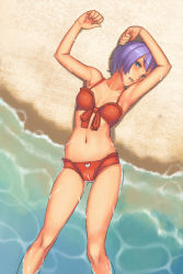 Rule 34 | 1girl, armpits, arms up, bare legs, bare shoulders, beach, bikini, blue hair, breasts, cleavage, green eyes, lying, medium breasts, navel, on back, outdoors, parted lips, partially submerged, red bikini, short hair, soaking feet, solo, swimsuit, water, wet, yuksi