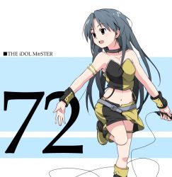 Rule 34 | 00s, 1girl, :d, black eyes, blue hair, cable, choker, collarbone, cool &amp; sexy (idolmaster), holding, idolmaster, idolmaster (classic), idolmaster 1, kisaragi chihaya, long hair, looking to the side, midriff, namo, namo (goodbyetears), navel, open mouth, running, skirt, smile, solo, stomach, strapless, thigh strap, tube top, very long hair