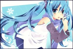 Rule 34 | 1girl, aqua hair, bad id, bad pixiv id, blue scarf, detached sleeves, green eyes, hatsune miku, headset, long hair, looking at viewer, necktie, open mouth, scarf, skirt, snowflakes, solo, twintails, very long hair, vocaloid, yuki miku