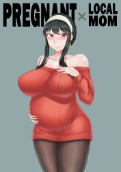 Rule 34 | 1girl, absurdres, bare shoulders, big belly, black hair, blush, breasts, cowboy shot, curvy, earrings, english text, hair over shoulder, hairband, hand on own stomach, highres, huge breasts, jewelry, looking at viewer, medium hair, pantyhose, pregnant, red eyes, red sweater, ring, shiny skin, sidelocks, simple background, smile, solo, spy x family, standing, sweater, thick thighs, thighs, wedding band, wide hips, yor briar, zhang shaojun
